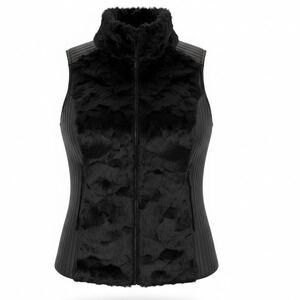 Ci Sono by Cavalini Womens Black Faux Fur Vegan Leather Quilted Vest XL NWT